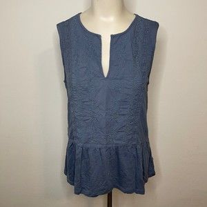 Lucky Brand Blue w/ Embroidered Floral Pattern Sleeveless Peplum Top